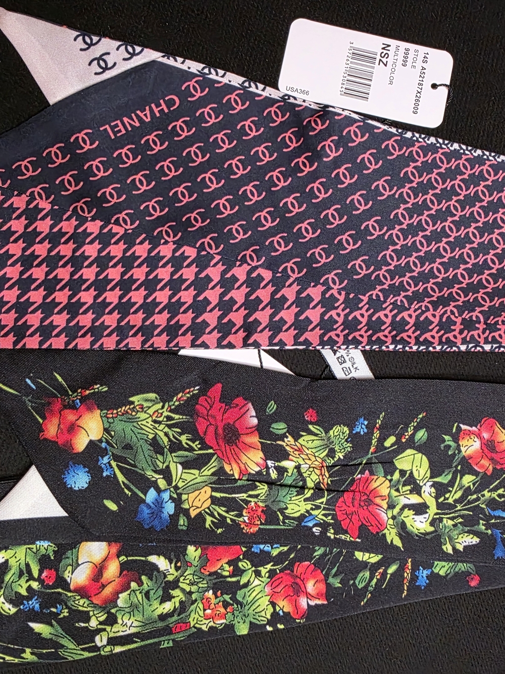 Designer Inspired Floral & Logo Print Silk Twilly Scarf - Black & Pink Set Of 2